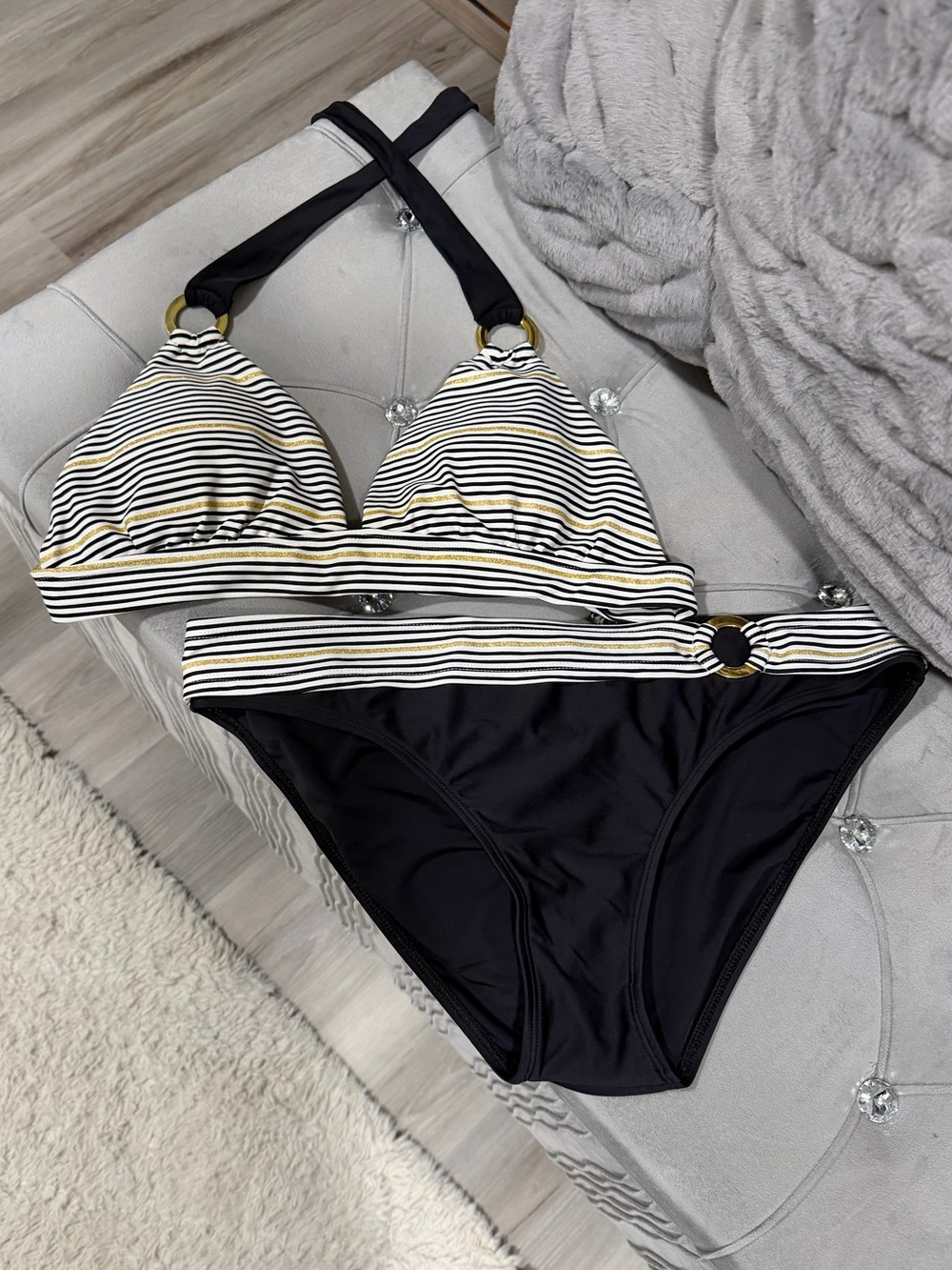 Striped Black & White Bikini with Gold Accent